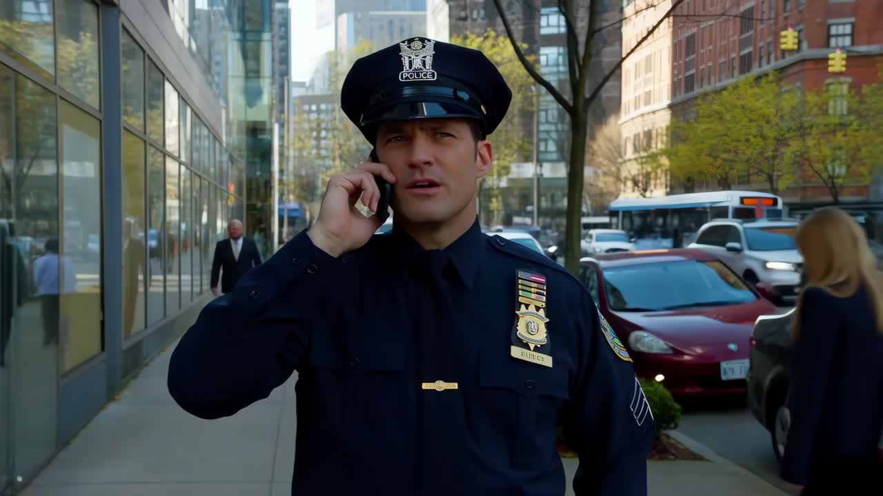 Police Officer Talking on Phone in City