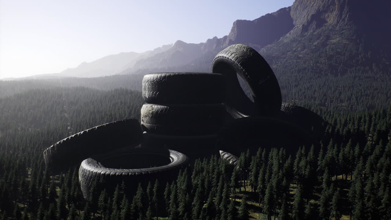 Large pile of discarded tires in a green forested mountain area
