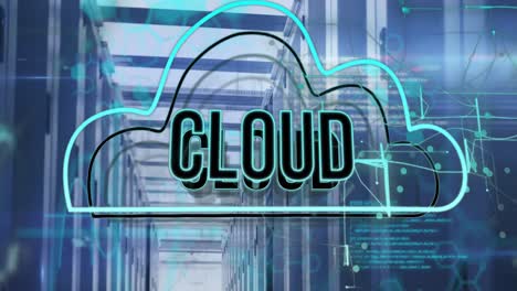 animación del icono de la nube y el banner de texto sobre el procesamiento de datos contra la sala de servidores de computadora