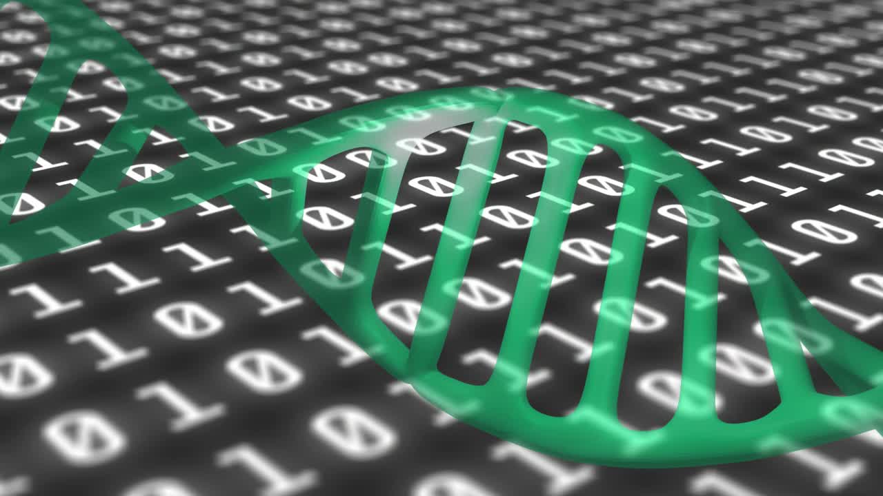 анимация обработки данных и нити днк на черном фоне