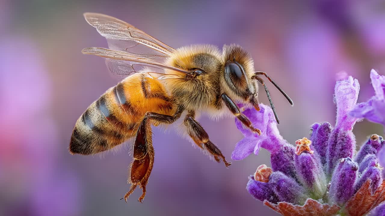 Captivating Close-Up of a Honeybee Pollinating a Vibrant Lavender Flower in Nature's Colorful Garden