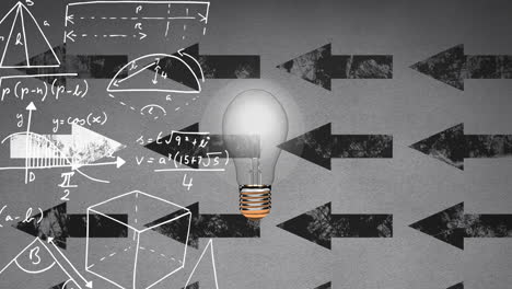 bulb floating against mathematical equations floating against arrows moving on grey background