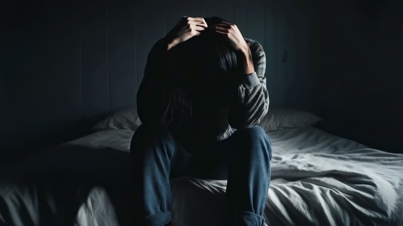A moody video scene of a person sitting on a bed, head in hands, captured from a low angle in dim