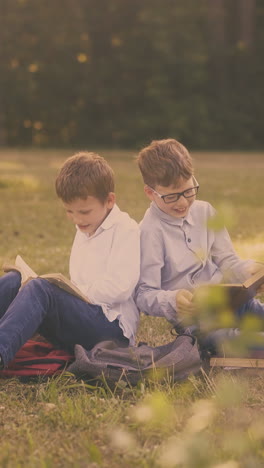 happy schoolboys with backpacks have fun preparing for tests with textbooks copybooks on lush lawn in green park