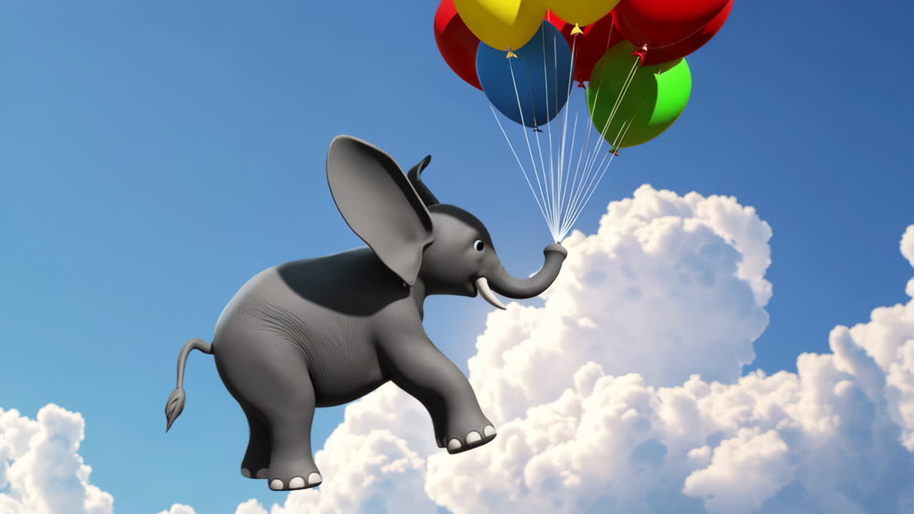 A whimsical cartoon elephant flying in the sky with colorful balloons