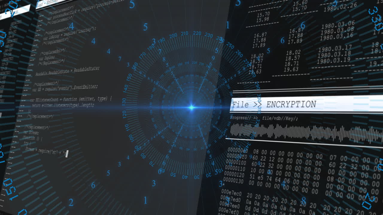 Animation of digital encryption process with data and numbers glowing centrally