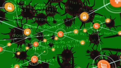 animation of network of connections with media icons over virus cells