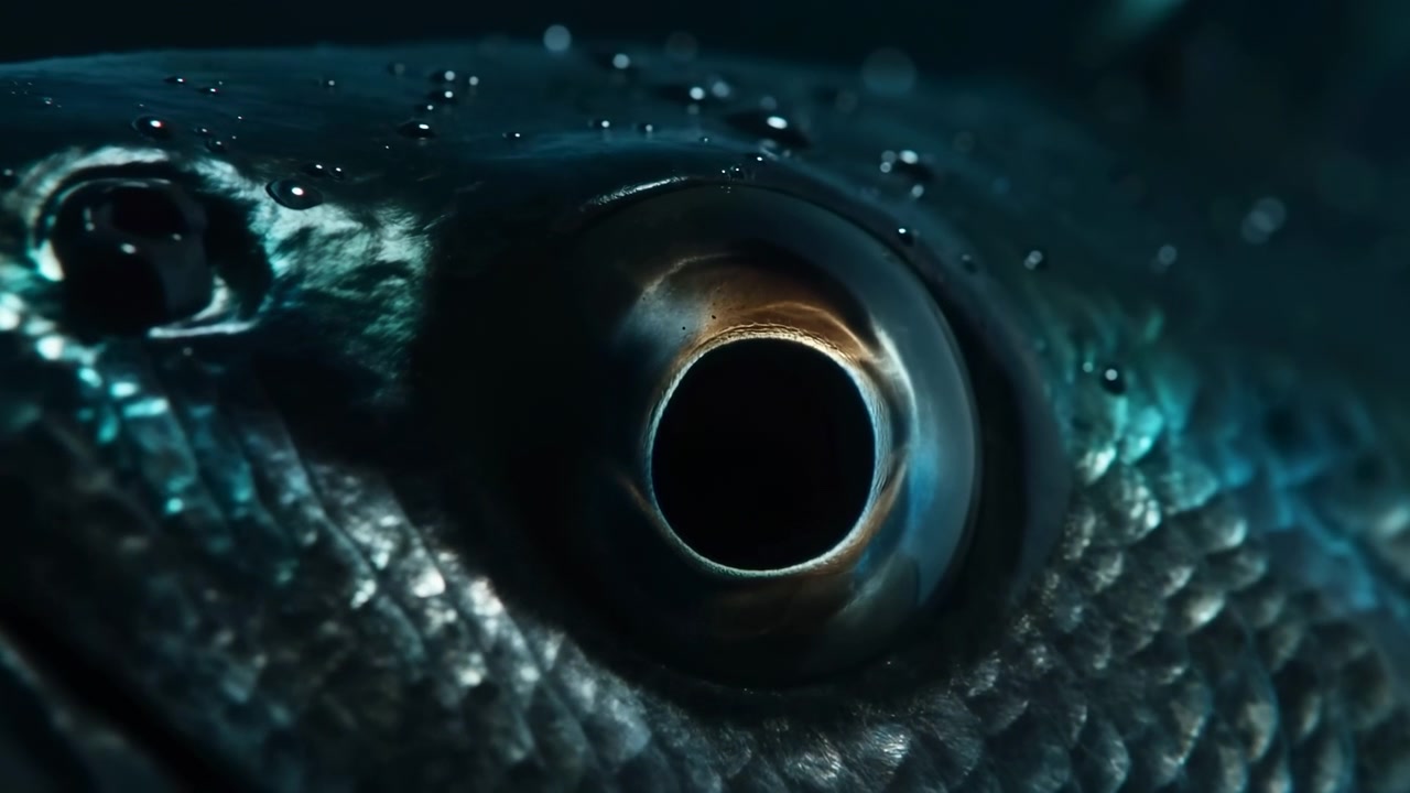 Slow forward movement tightens on a dark fish eye surrounded by glistening scales and tiny droplets, with cool blue-green light emphasizing curved surfaces and shallow focus.