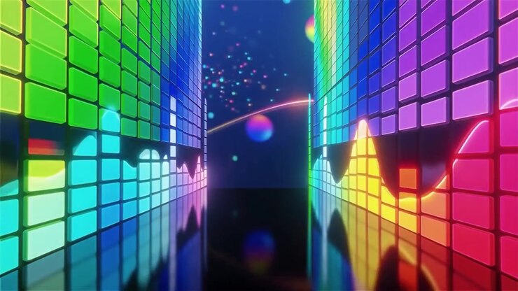 Fundo Futurista com Visualizador de Equalizador de Música Neon Arco-Íris.