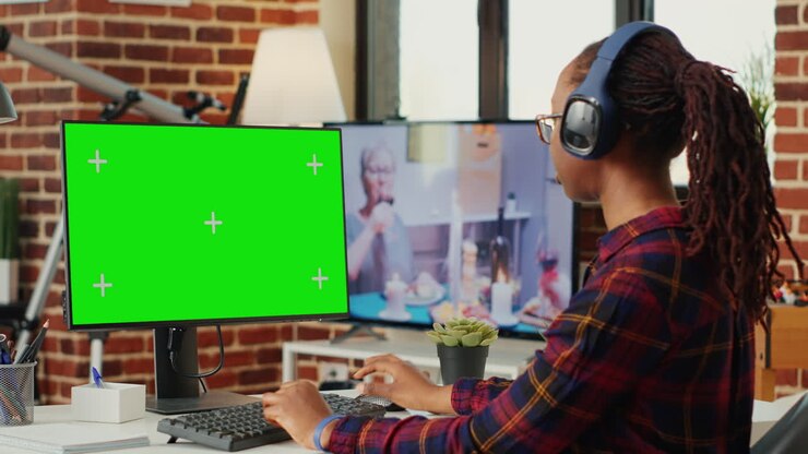 Kvinde freelance bruger hovedtelefoner og greenscreen
