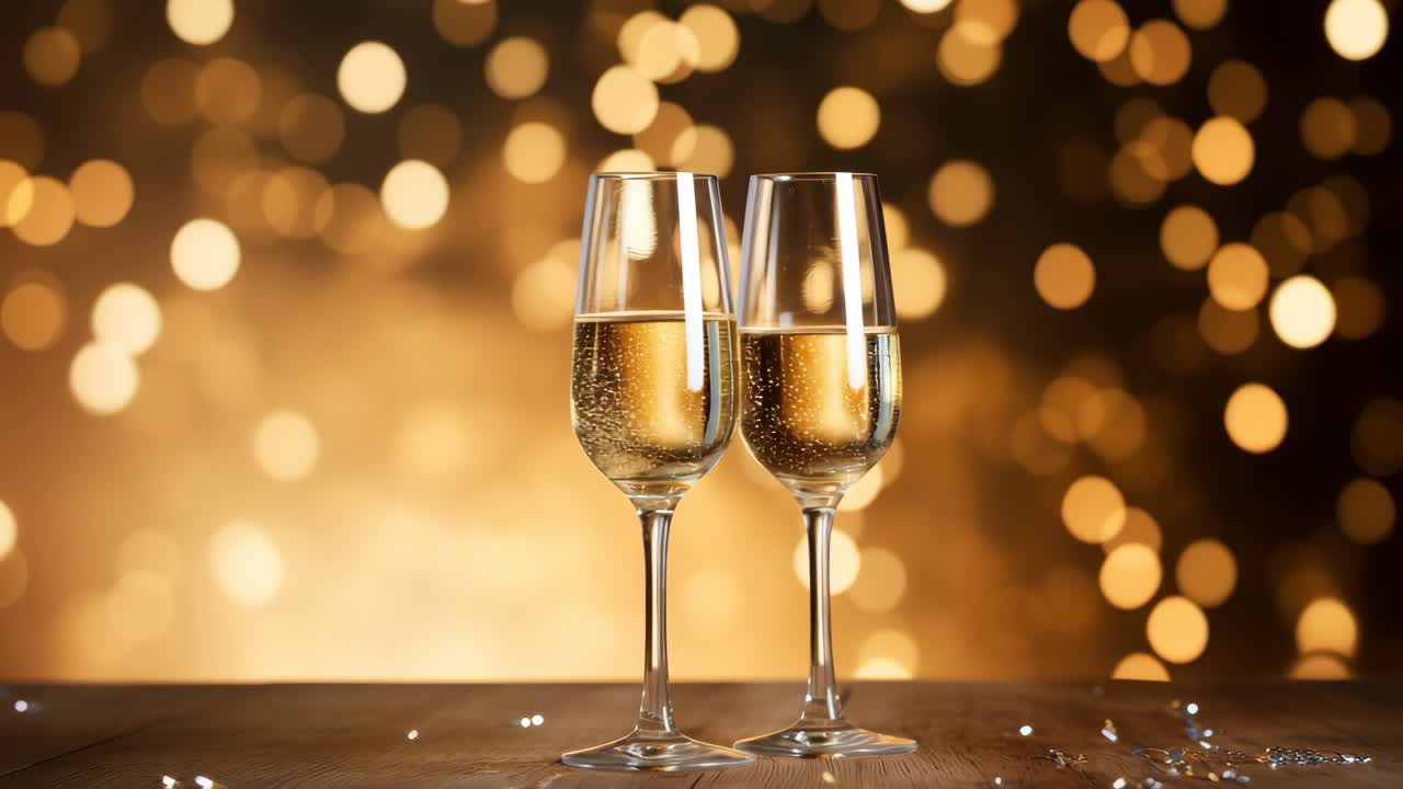Due calici da champagne a fuoco con sfondo bokeh, ripresi ad altezza occhi