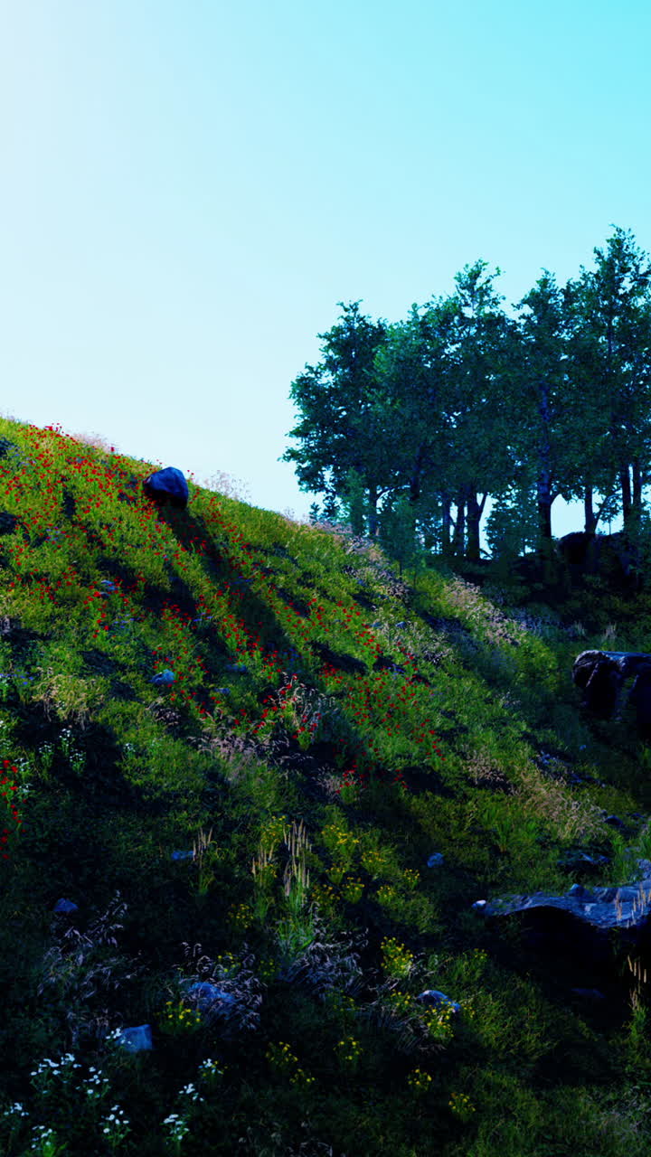 꽃, 나무, 파란 하늘 이 있는 잔디 어리 의 경치 좋은 풍경