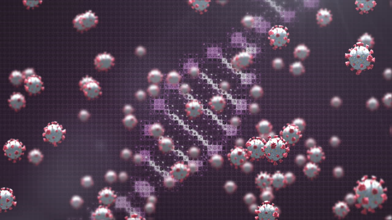 dna 구조와 보라색 배경에 있는 코로나19 세포