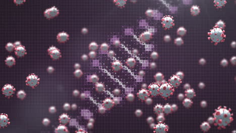 estructura del adn y células de covid-19 contra un fondo púrpura