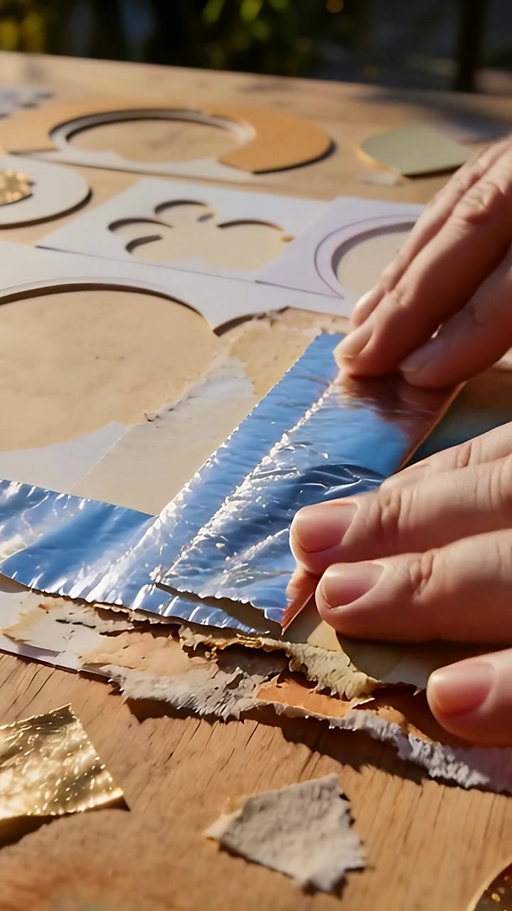 Vertical video: Hands picking rolling, pressing foil onto torn paper on board by stencil, sun glint