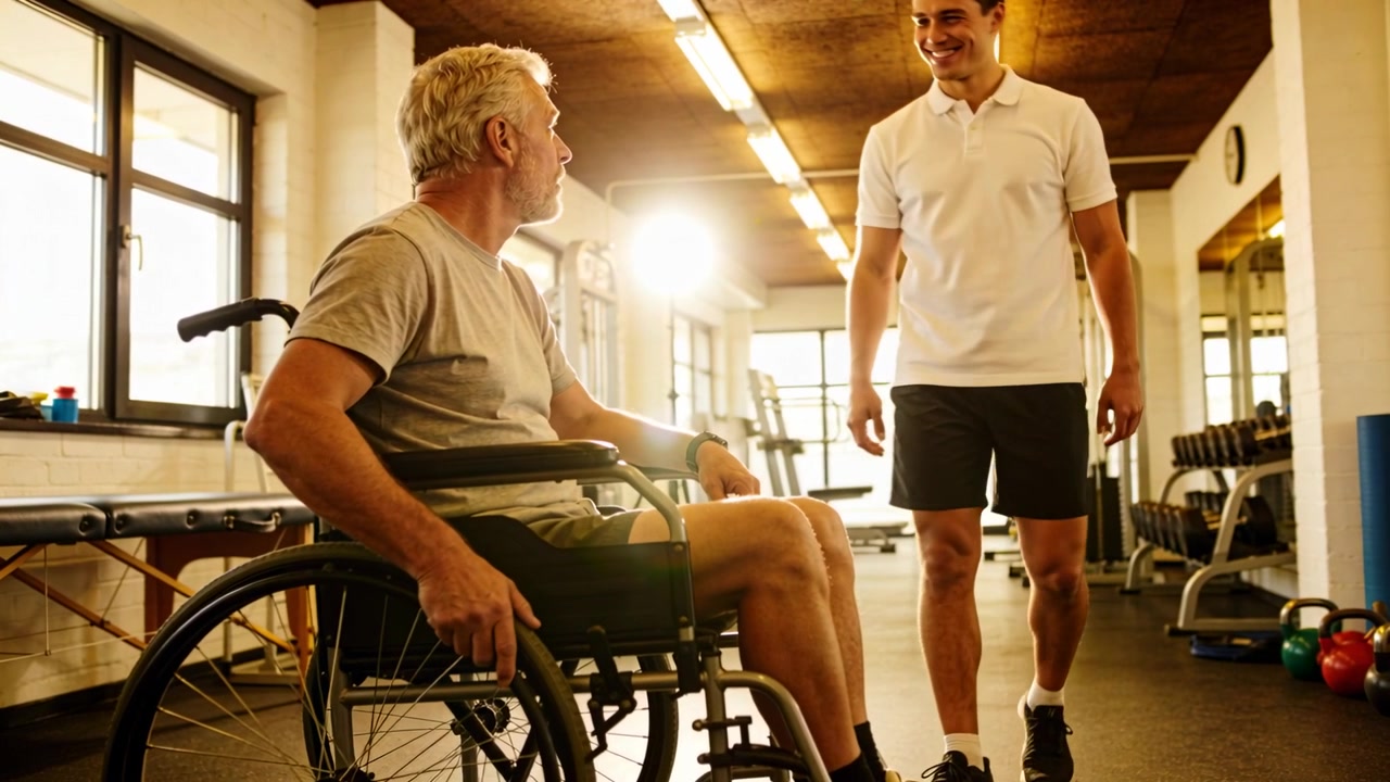 Treinador sorridente de camisa polo aproximando-se, guiando um idoso em cadeira de rodas na academia de reabilitação, iniciando a terapia.