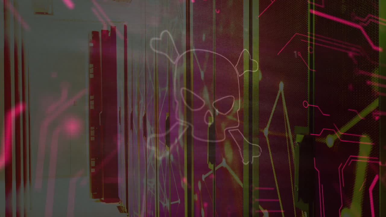 Skull and crossbones animation over server racks in data center