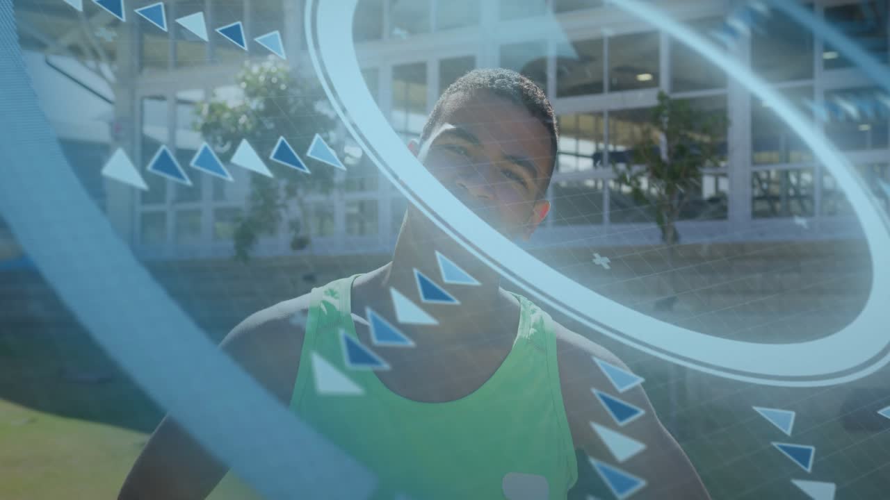 Adult male shifting head outside building, blue ring sweeping with arrows revealing face for ads