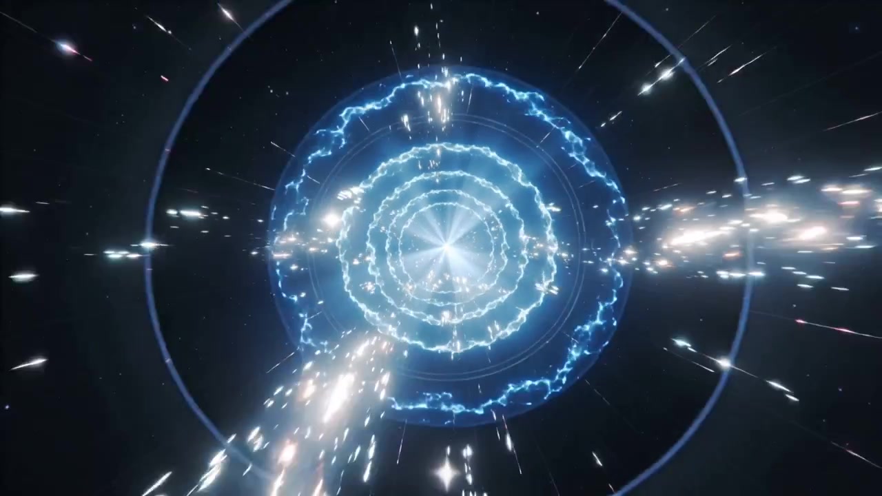 Sparking blue rings pulsing, sending streaks in space forming tunnel showing white core metal bands