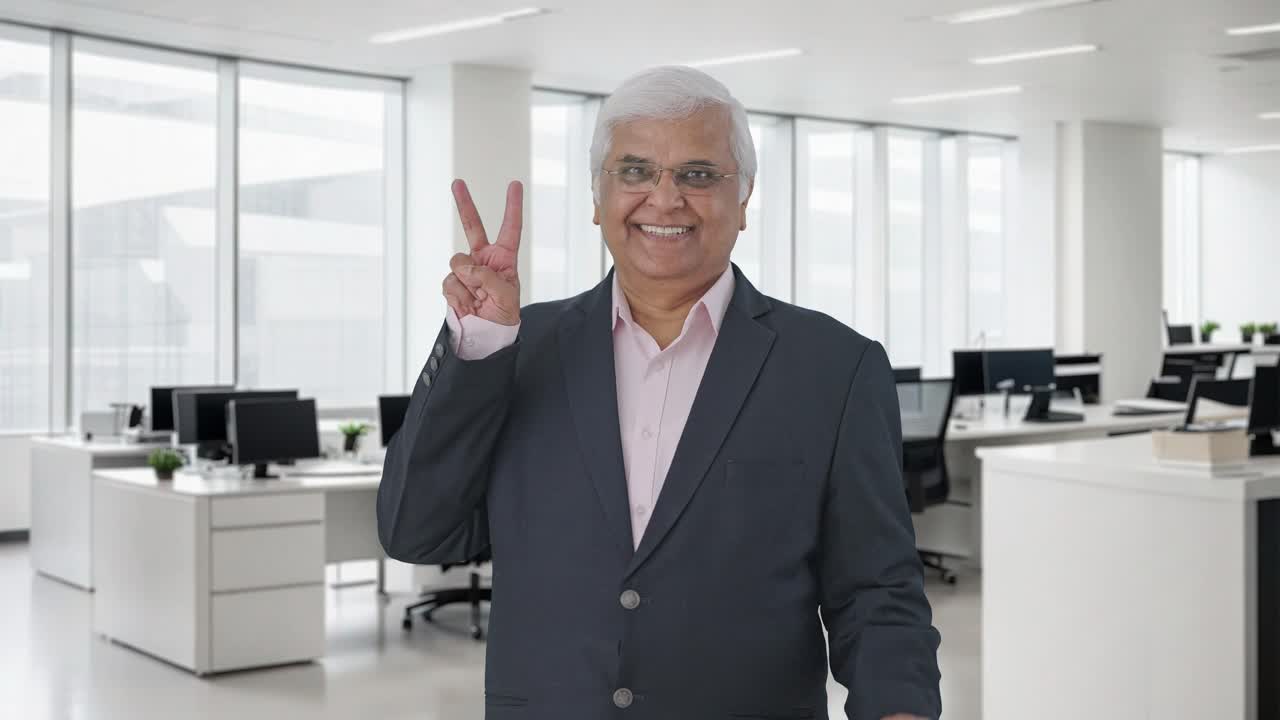 el gerente senior indio feliz mostrando el signo de la victoria