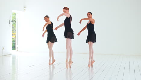 dancing, training and group of ballerina in studio