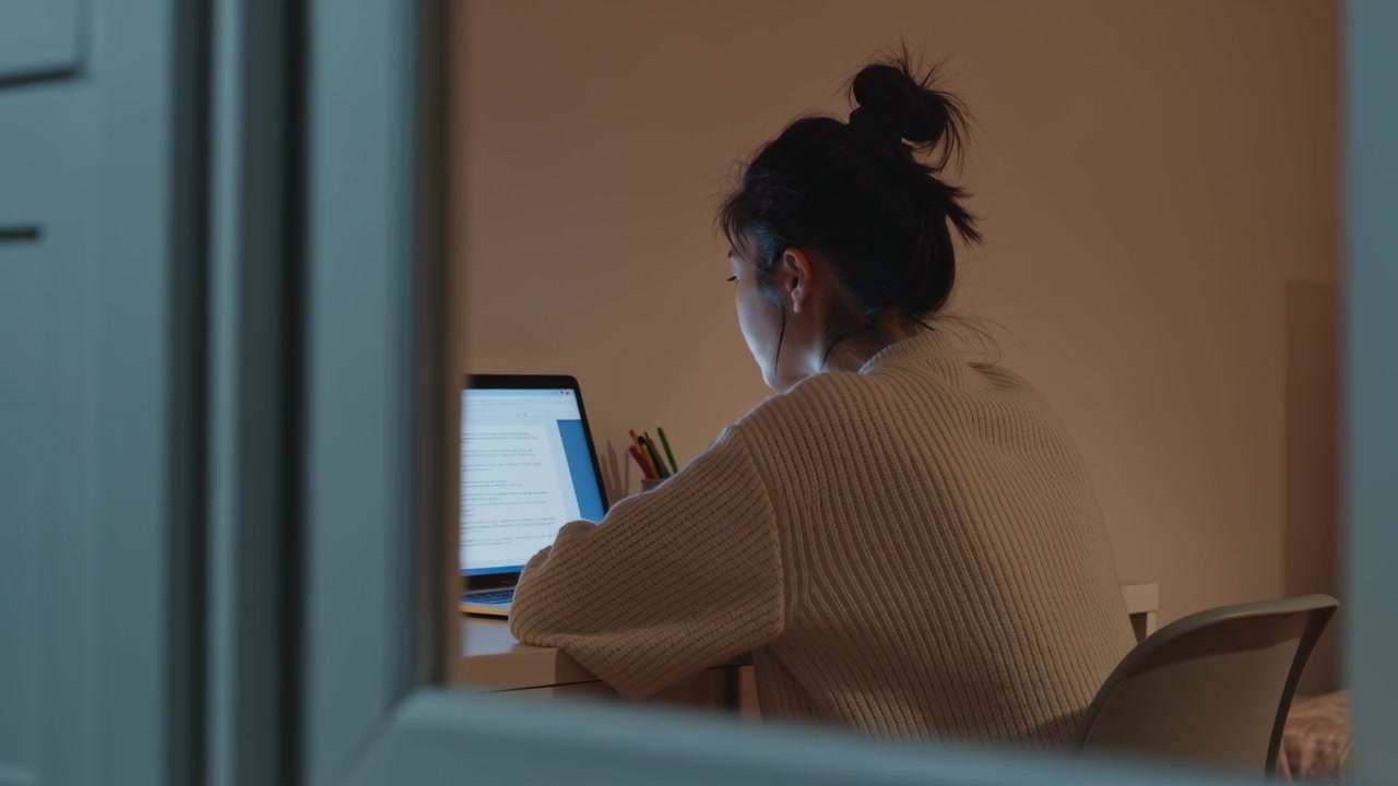 Laptop screen glowing, Asian woman in sweater leaning, typing for work at home desk, pencil cup