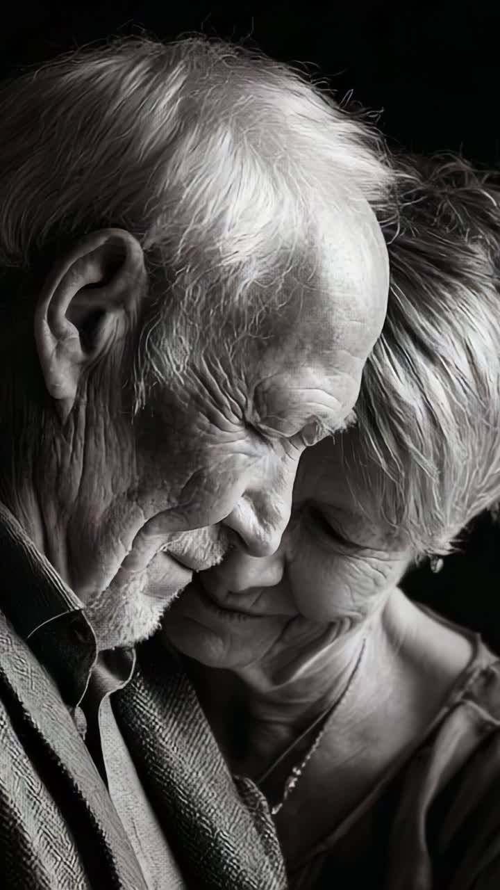 A tender moment shared between an elderly couple, highlighting their love and deep emotional connection through the gentle embrace of their foreheads and warm smiles