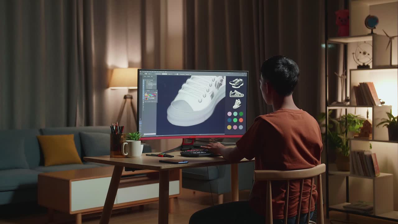 Adolescente che disegna sneakers al computer a casa