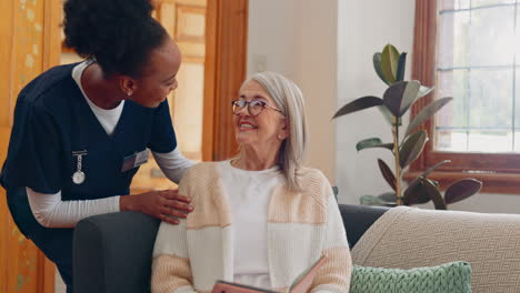 tablet, nurse and senior woman on sofa browsing