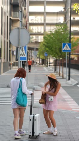 two women looking at a phone while pushing a suitcase on the street