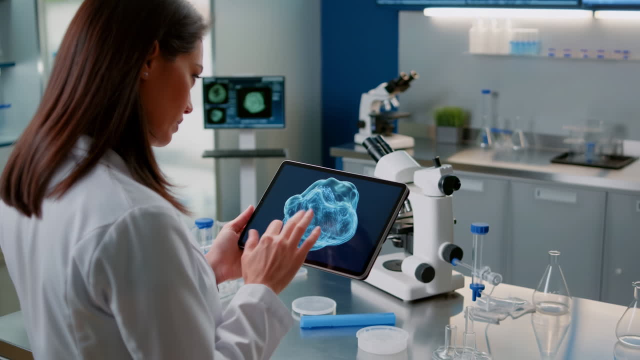 Scienziata che Analizza Struttura Cellulare 3D su Tablet Digitale in Laboratorio