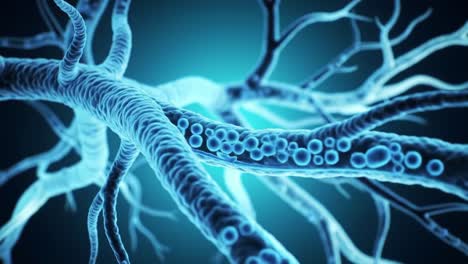intricate close-up of neural structures depicting the complex network of nerve cells and synapses in a vibrant blue environment