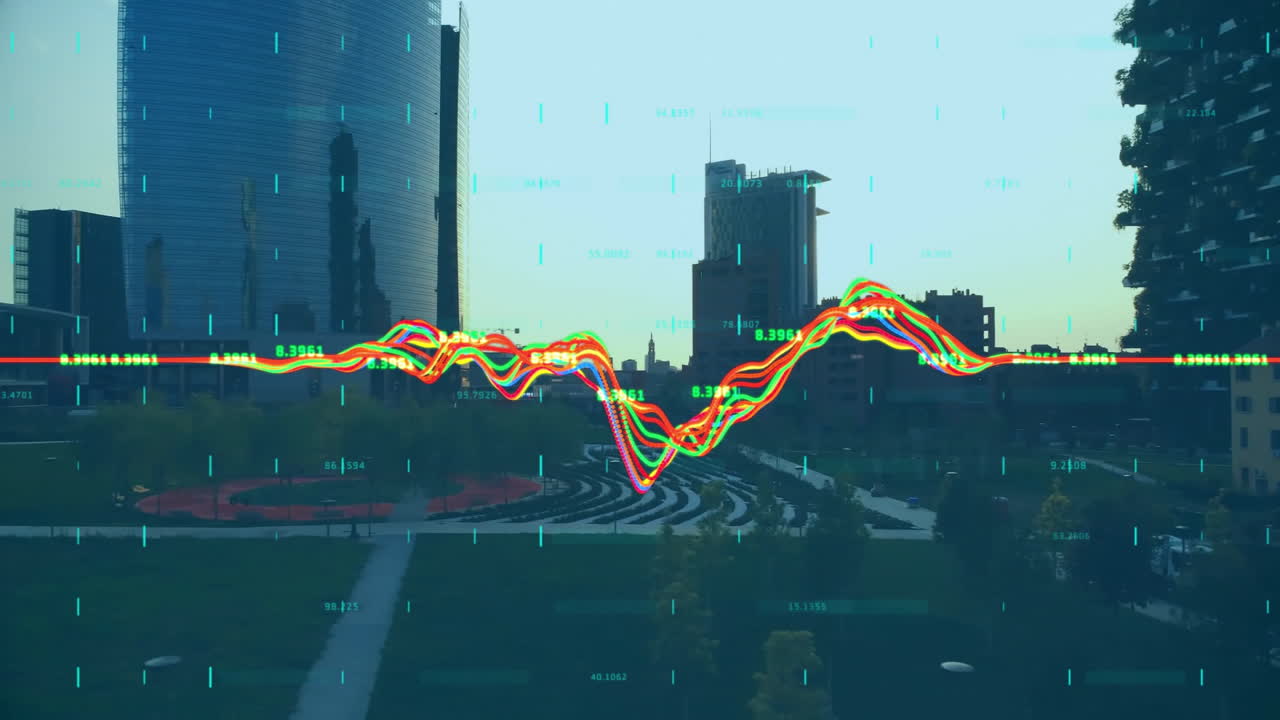 Financial data graph animation over cityscape with modern buildings and park