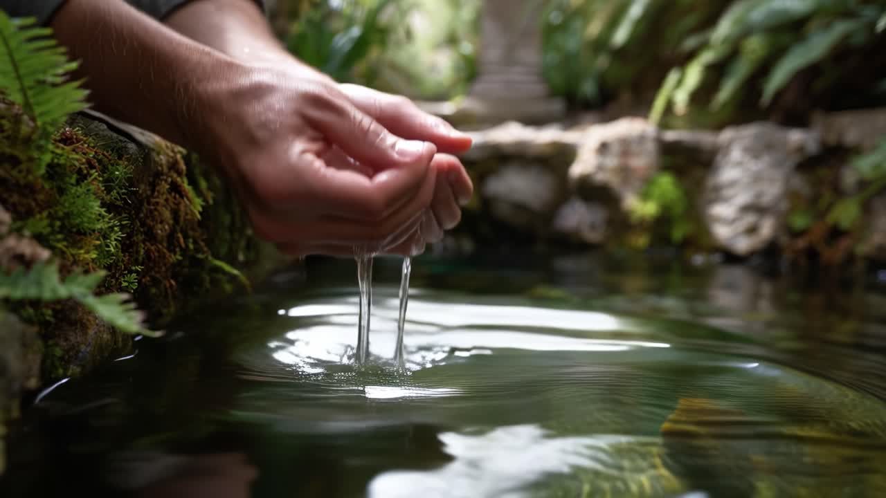 Captivating Scene of Hands Gently Interacting with Water in a Lush, Serene Environment, Highlighting Nature's Beauty and Tranquility in a Peaceful Moment