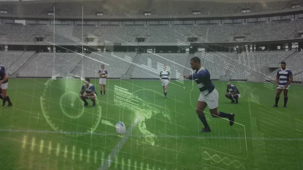 스포츠 경기장에서의 럭비 경기에 대한 데이터 처리 애니메이션