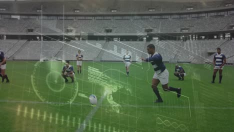 animation of data processing over rugby match in sports stadium