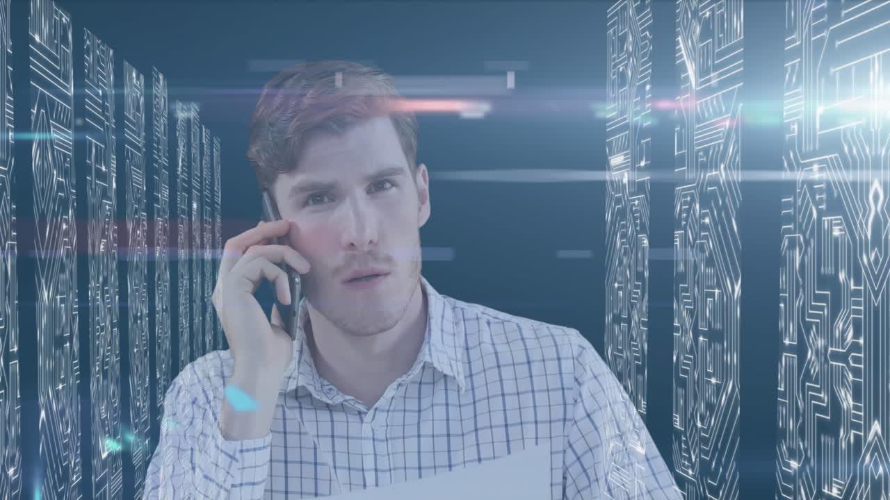 Animation of Caucasian man talking on his smartphone with processing servers in background