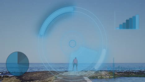 Animation-of-network-of-connections-over-senior-african-american-man-stretching-at-beach