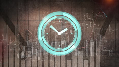 animación de reloj que se mueve rápido y estadísticas con procesamiento de datos sobre el paisaje urbano
