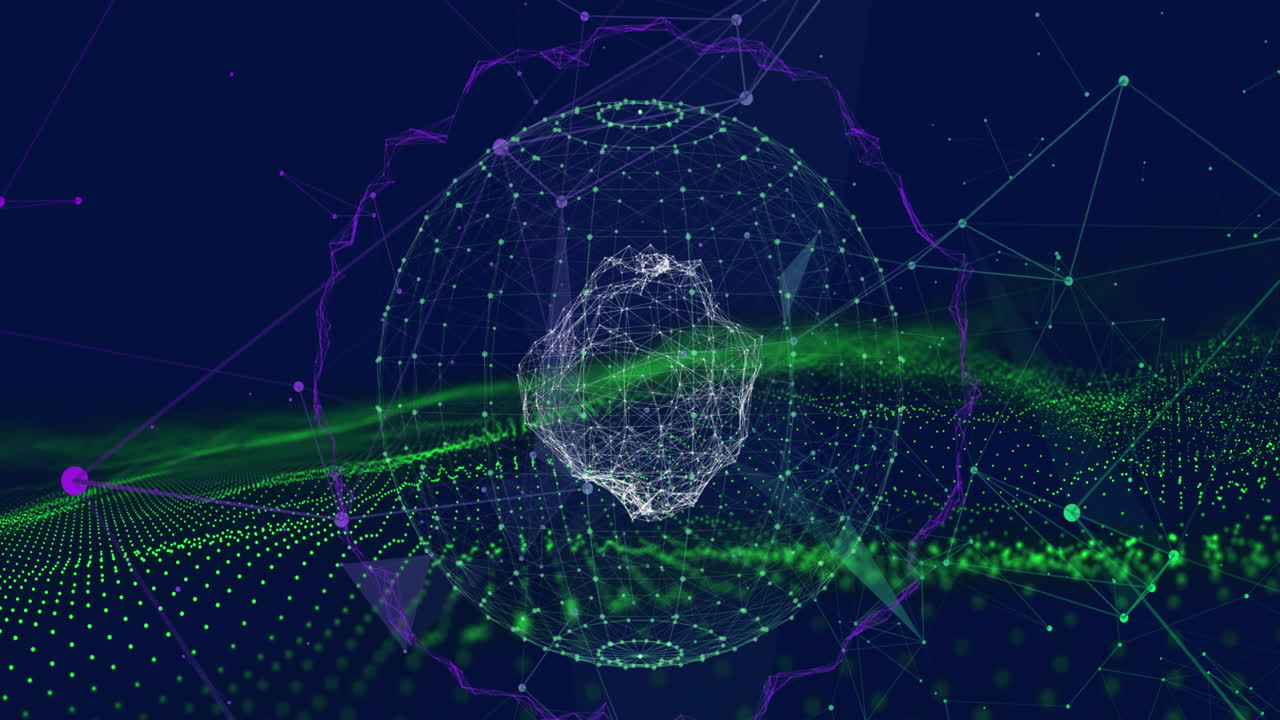 Animation of dynamic wave over connected dots forming globe against connected dots geometric shapes