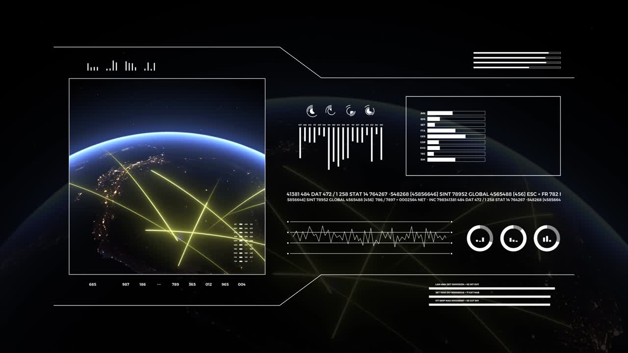 애널리틱스 디스플레이에서 지구 행성 3d: 남아메리카에서 움직이는 빠른 선, 데이터 전송과 디지털 연결의 상징, 세계 기술 hud 인터페이스