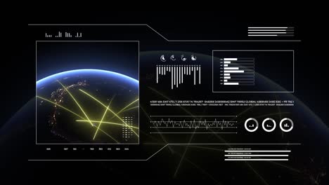 planet earth 3d on analytics display. fast lines moving in south america, symbol of data transfer and digital connection. world technology hud interface.