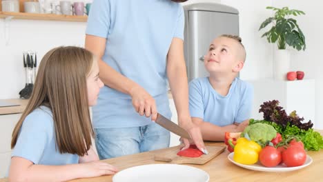 mom and children cut fresh vegetables in the kitchen a happy family prepares food together mom and children cut fresh vegetables in the kitchen a happy family prepares food together in a modern kitchen