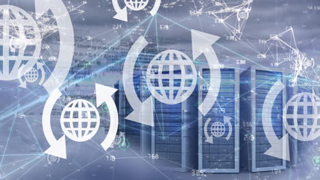 animation of globe icons and data processing over computer servers