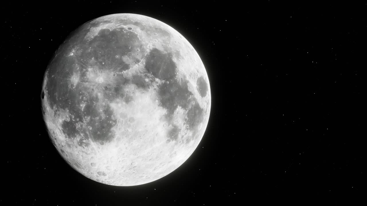 movimiento flotante lento de rotación y zoom se acerca a la superficie de la luna casi llena en el espacio exterior