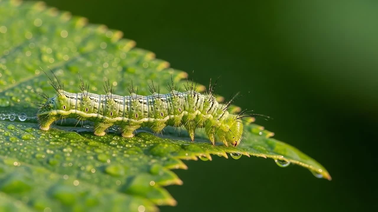 A Close-Up View of a Vibrant Green Caterpillar Crawling on a Dew-Kissed Leaf, Capturing the Intricate Details of Nature's Small Wonders