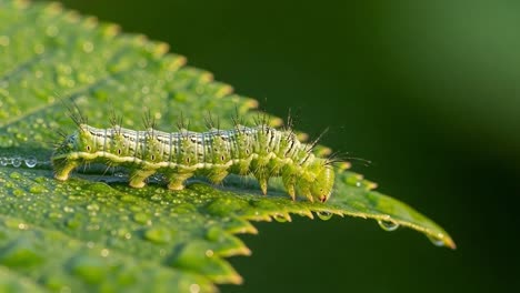 A Close-Up View of a Vibrant Green Caterpillar Crawling on a Dew-Kissed Leaf, Capturing the Intricate Details of Nature&#039;s Small Wonders