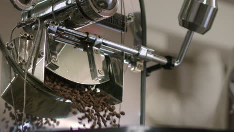 organic coffee beans falling from roasting machine