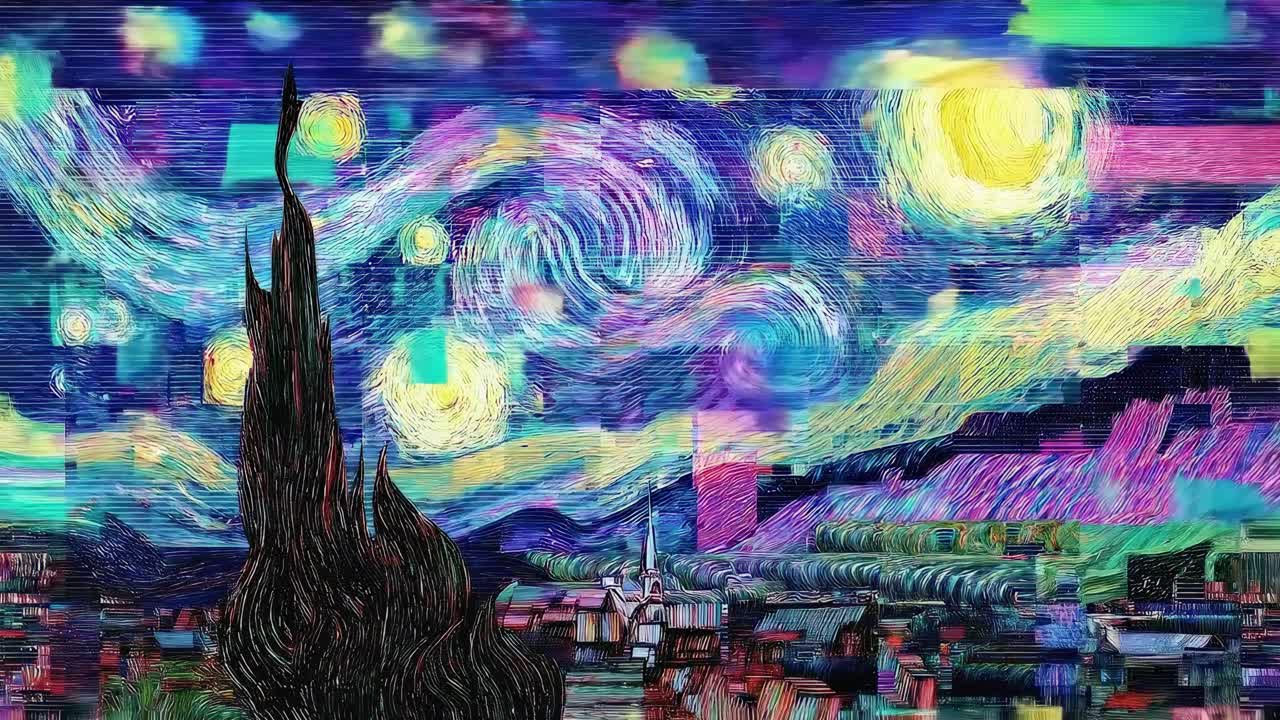 Aerial view of a digital art piece inspired by Van Gogh's style, resembling a video game scene