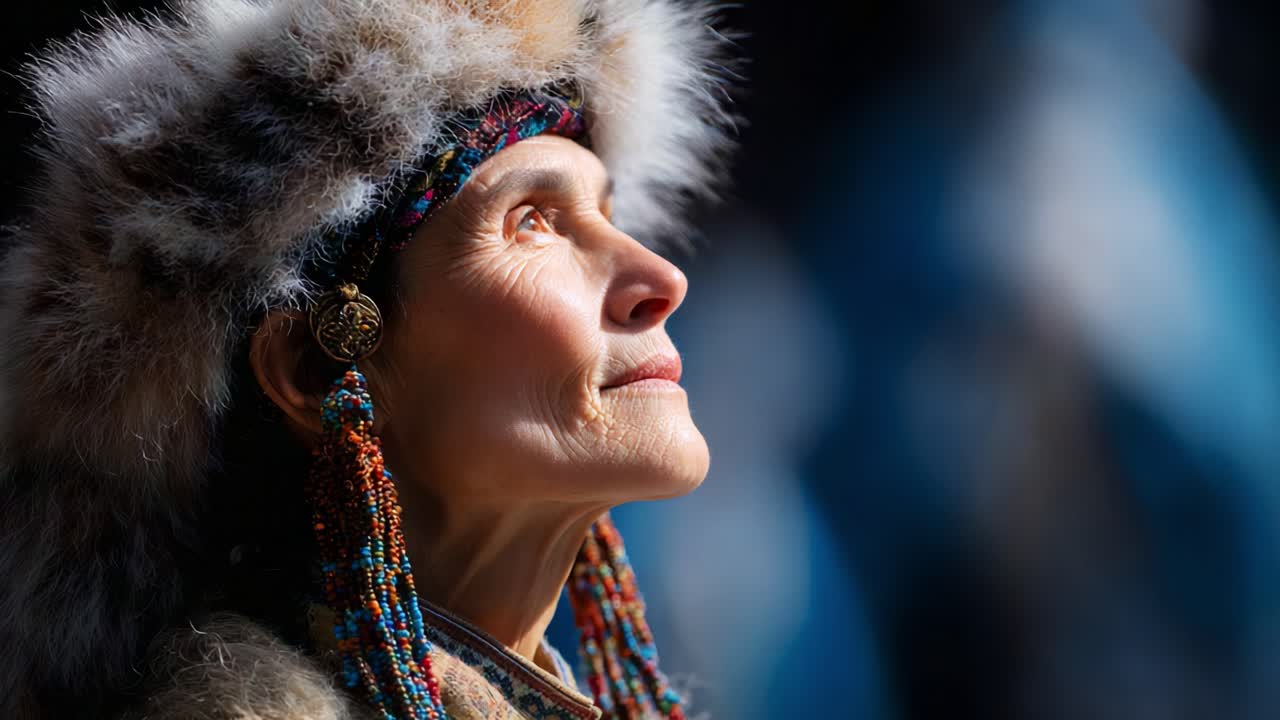 A Portrait of Resilience: An Elderly Woman in Traditional Attire Reflects Profoundly, Showcasing Heritage and Wisdom through Vibrant Beads and Artful Fur Headgear